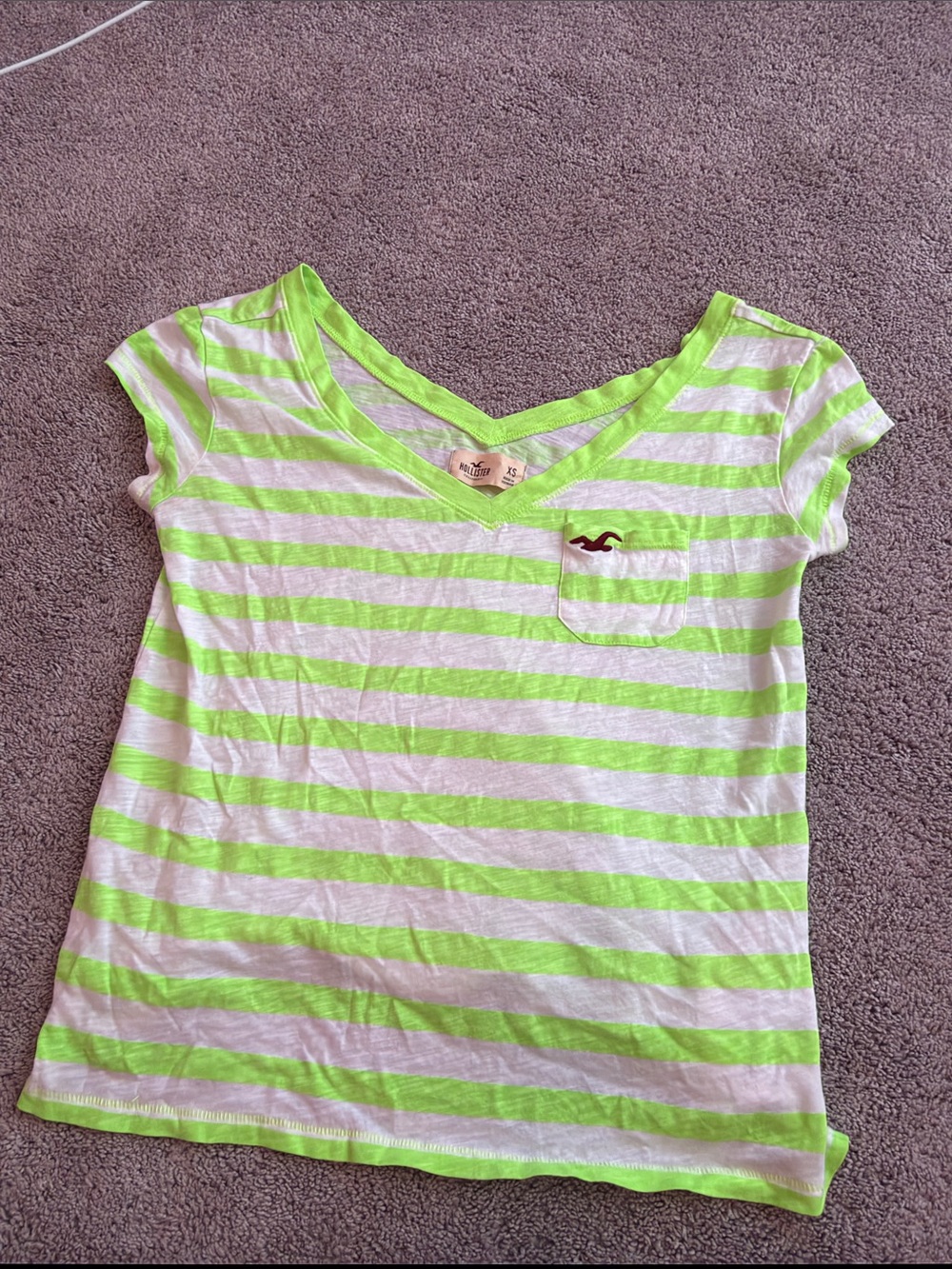 Hollister Neon Green and White Striped V-Neck Pocket Tee